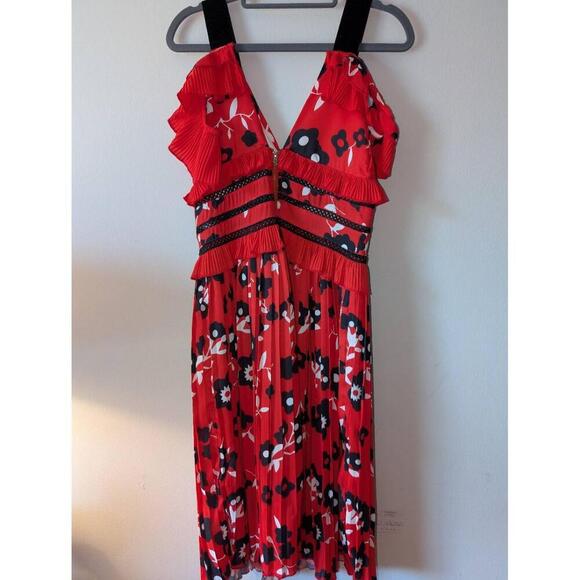 Haute Rogue Dress Womens Size S Red White Black Sleeveless Floral Pleated Ruffle - Picture 2 of 4